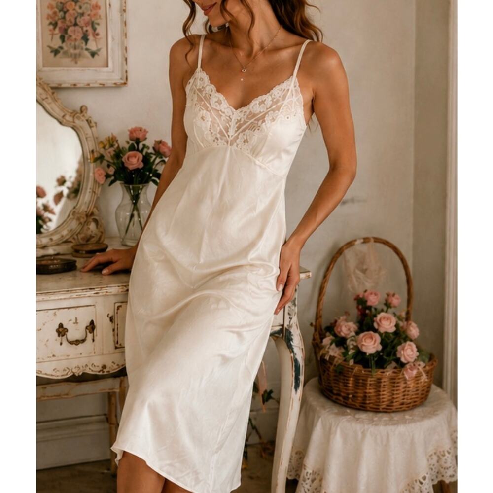 Vintage slip dress full slip lace trim adjustable strap coquette retro white S